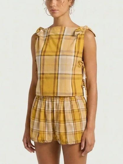 Yellow Plaid Cotton Top and Shorts Set - Suits & Sets