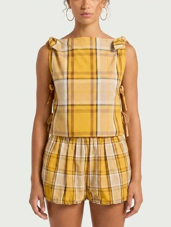 Yellow Plaid Cotton Top and Shorts Set - Suits & Sets