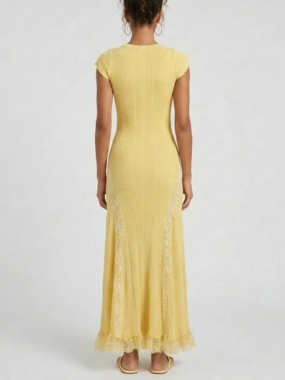 Yellow Ribbed-Knit Maxi Dress With Lace Trim - Dresses