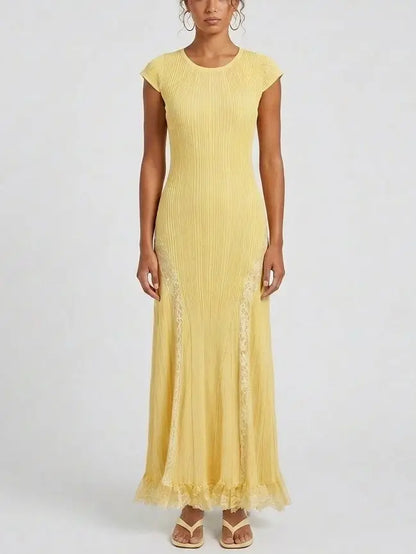 Yellow Ribbed-Knit Maxi Dress With Lace Trim - Dresses