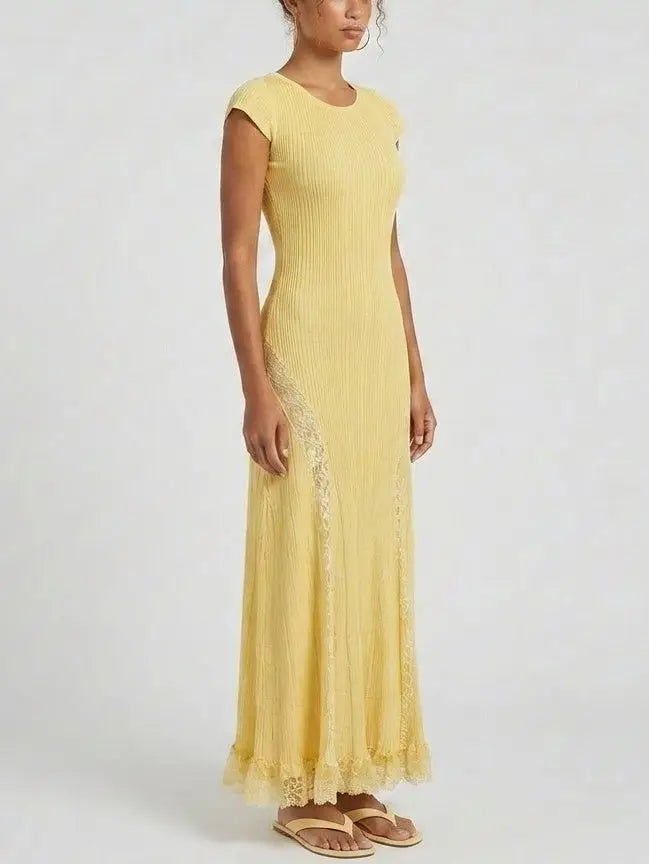 Yellow Ribbed-Knit Maxi Dress With Lace Trim - Dresses