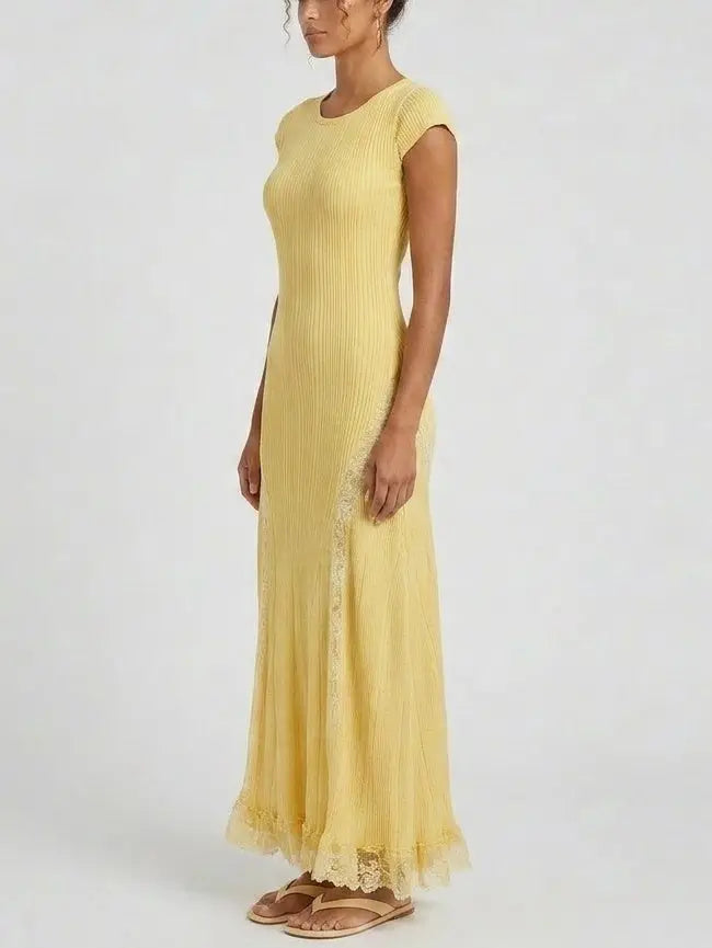 Yellow Ribbed-Knit Maxi Dress With Lace Trim Yellow Ribbed-Knit Maxi Dress With Lace Trim