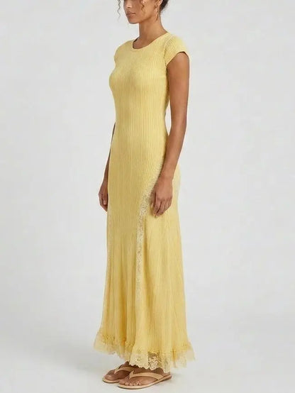 Yellow Ribbed-Knit Maxi Dress With Lace Trim - Dresses
