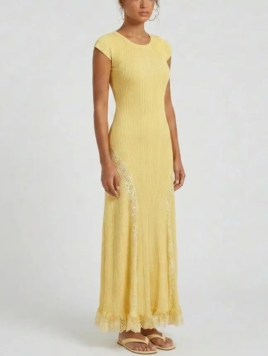 Yellow Ribbed-Knit Maxi Dress With Lace Trim - Dresses