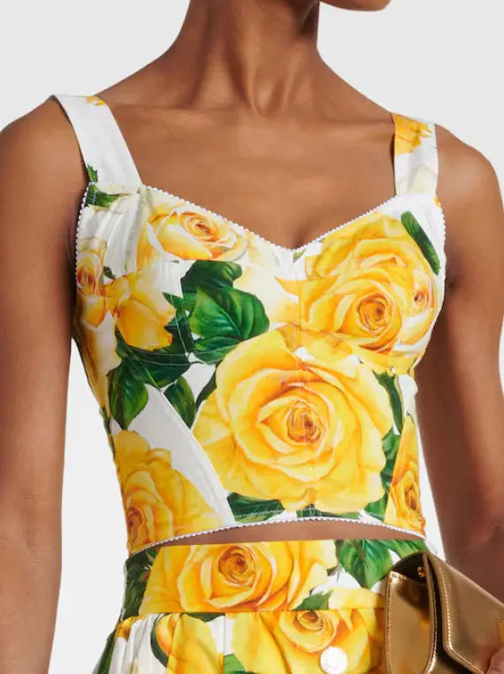 Yellow Rose Print Corset Top - Tops