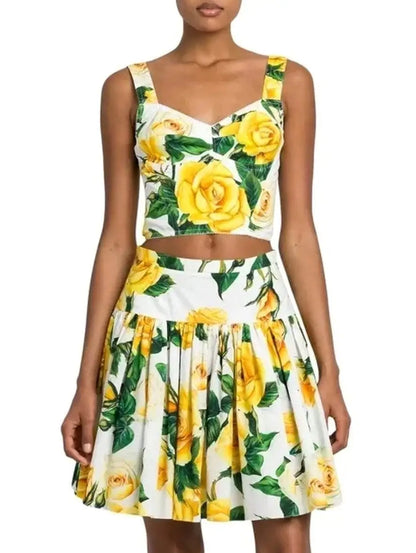 Yellow Rose Print Corset Top - Tops