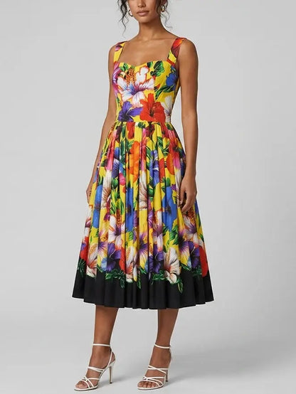 Yellow Tropical Floral Cotton Midi Dress - Dresses