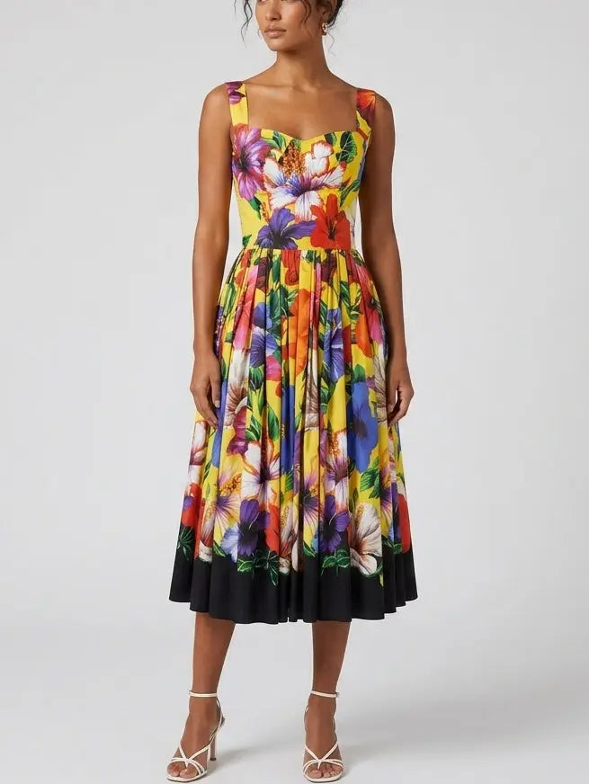 Yellow Tropical Floral Cotton Midi Dress - Dresses