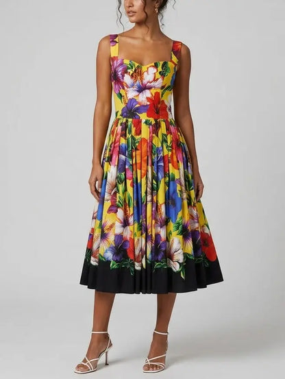 Yellow Tropical Floral Cotton Midi Dress - Dresses