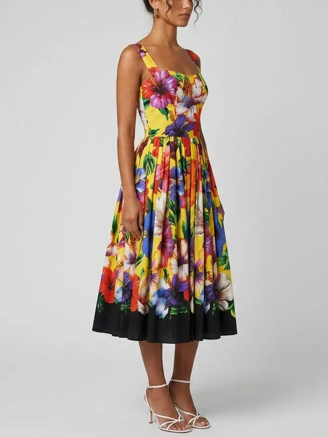 Yellow Tropical Floral Cotton Midi Dress - Dresses