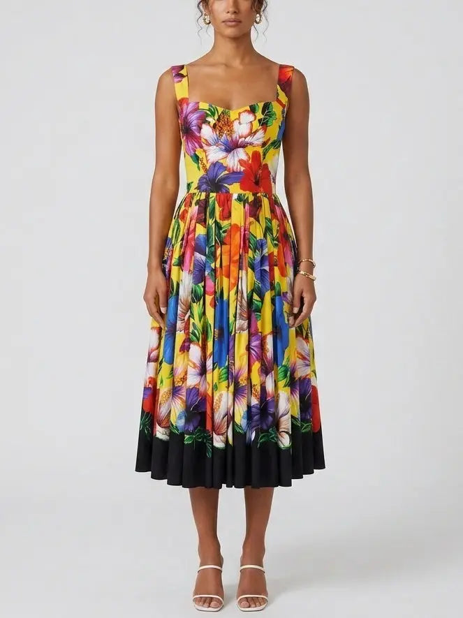 Yellow Tropical Floral Cotton Midi Dress - Dresses