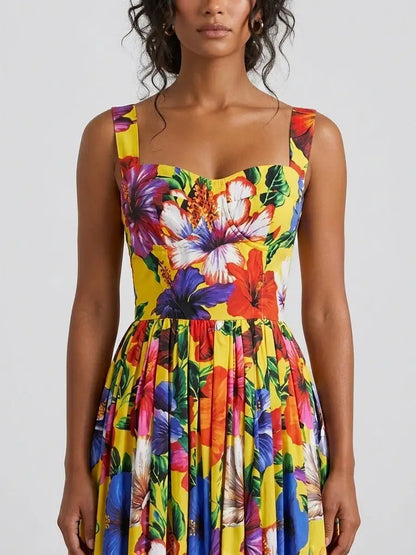 Yellow Tropical Floral Cotton Midi Dress - Dresses