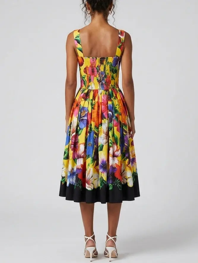 Yellow Tropical Floral Cotton Midi Dress - Dresses