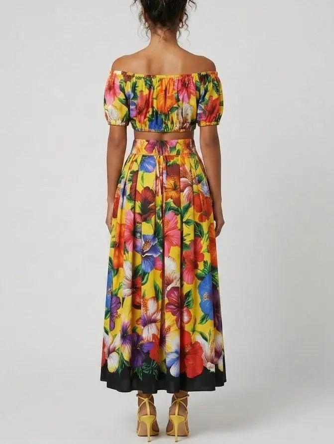 Yellow Tropical Floral Cotton Top and Skirt Set - Suits & Sets
