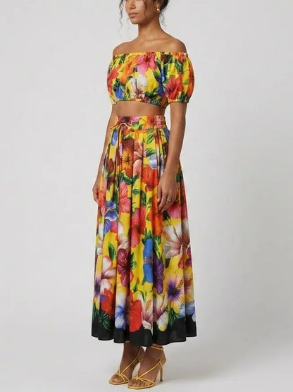 Yellow Tropical Floral Cotton Top and Skirt Set - Suits & Sets