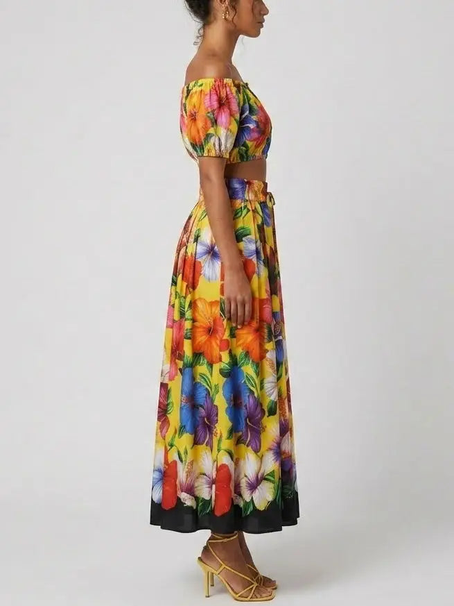 Yellow Tropical Floral Cotton Top and Skirt Set - Suits & Sets