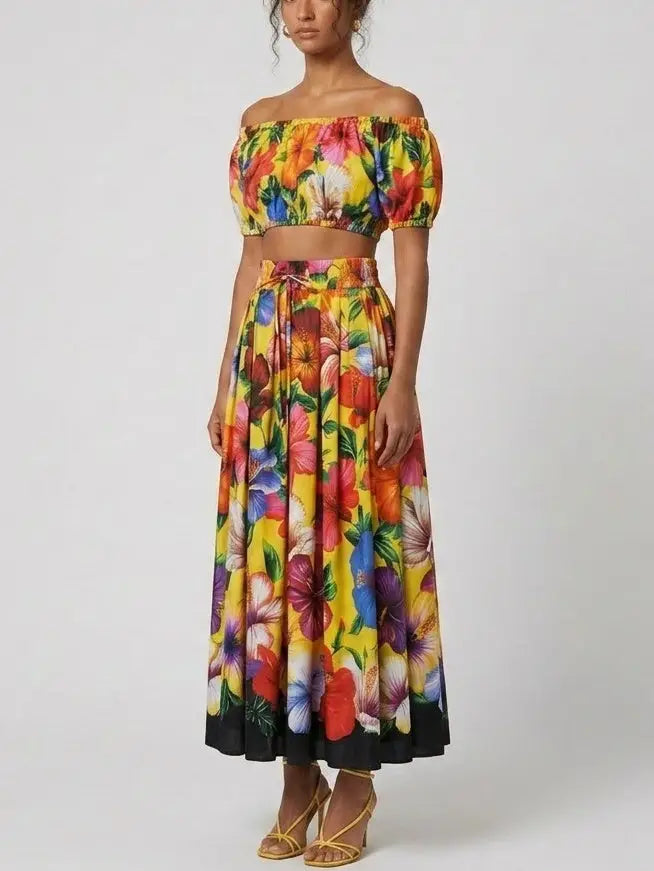 Yellow Tropical Floral Cotton Top and Skirt Set - Suits & Sets