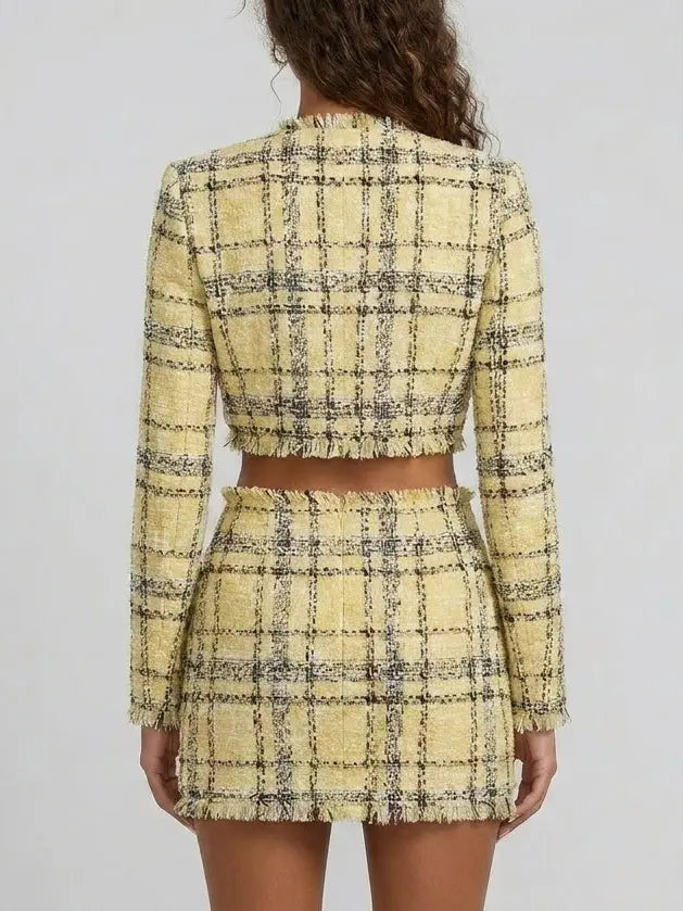 Yellow Tweed Cropped Jacket and Mini Skirt Set - Suits & Sets