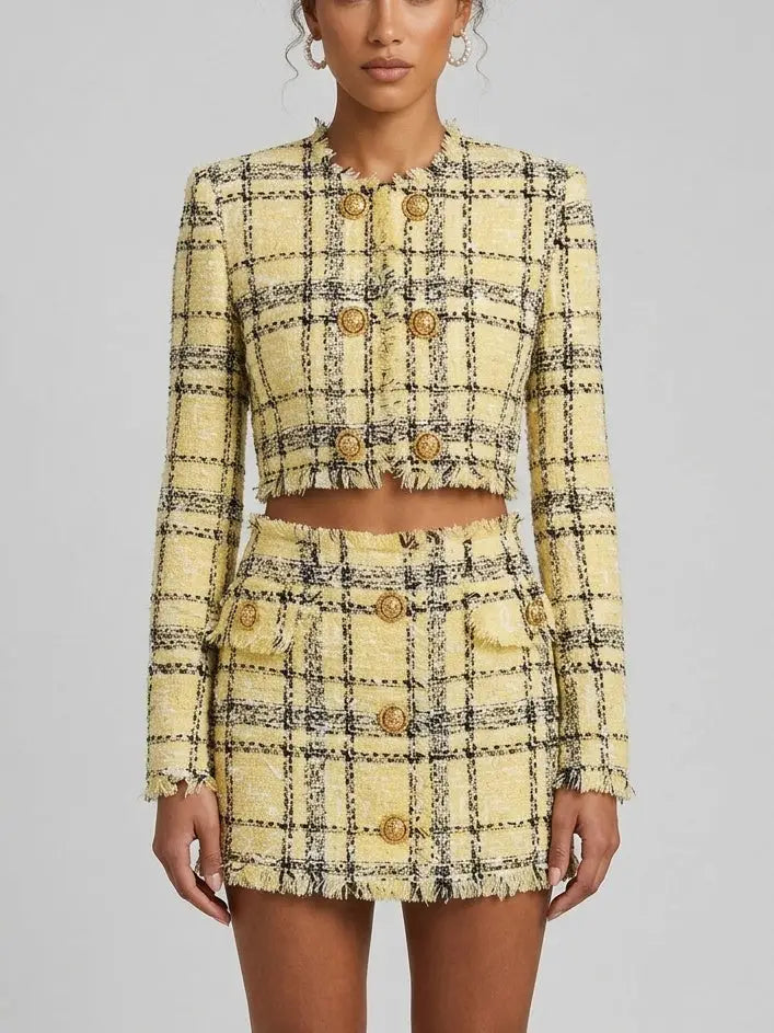 Yellow Tweed Cropped Jacket and Mini Skirt Set - Suits & Sets