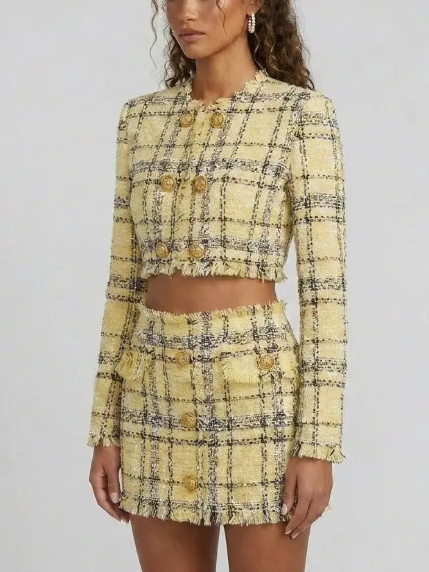 Yellow Tweed Cropped Jacket and Mini Skirt Set - Suits & Sets