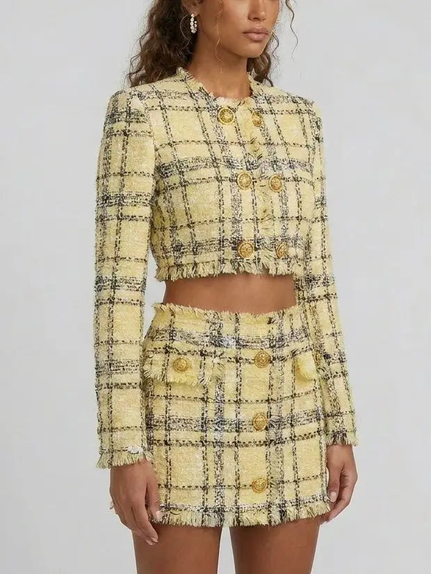 Yellow Tweed Cropped Jacket and Mini Skirt Set - Suits & Sets