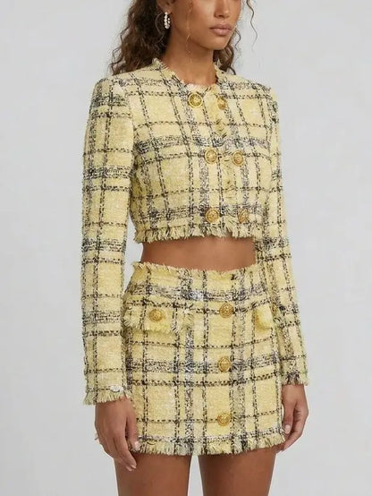 Yellow Tweed Cropped Jacket and Mini Skirt Set - Suits & Sets