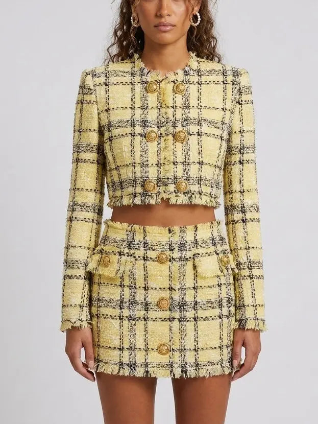 Yellow Tweed Cropped Jacket and Mini Skirt Set - Small - Suits & Sets