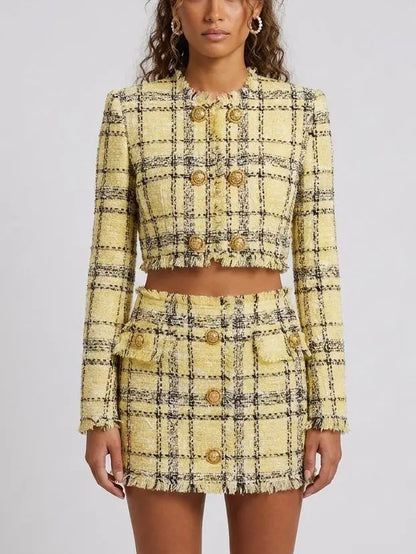 Yellow Tweed Cropped Jacket and Mini Skirt Set - Small - Suits & Sets