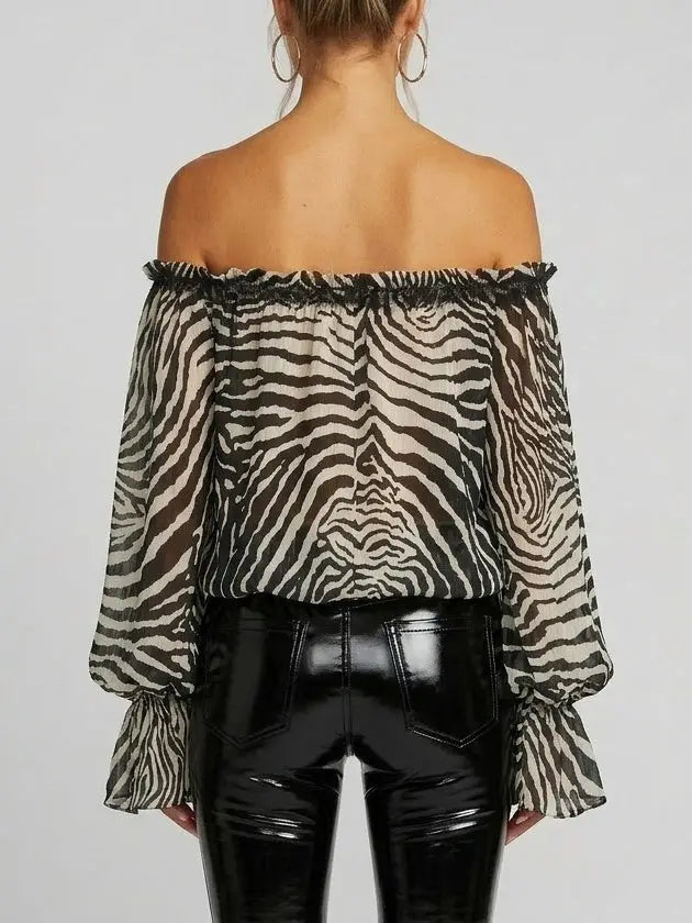Zebra Print Off-Shoulder Crepe Blouse - Tops