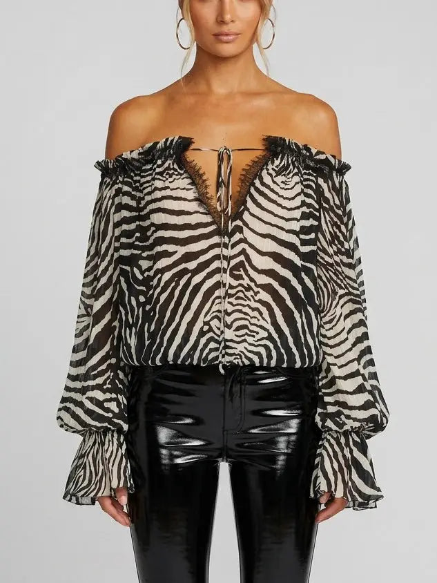 Zebra Print Off-Shoulder Crepe Blouse - Tops