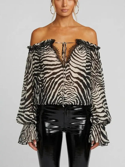 Zebra Print Off-Shoulder Crepe Blouse - Tops