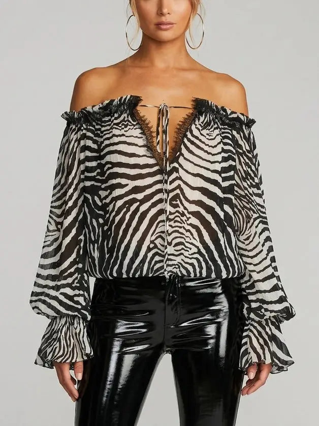 Zebra Print Off-Shoulder Crepe Blouse - Tops