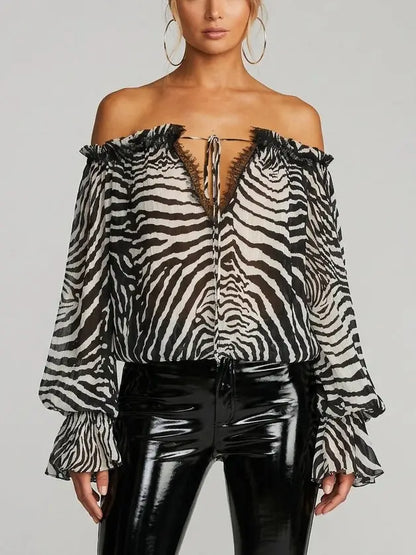 Zebra Print Off-Shoulder Crepe Blouse - Tops