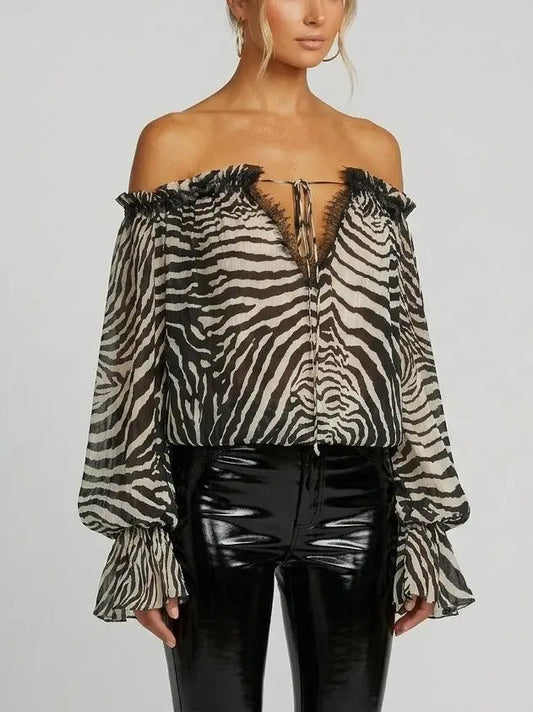 Zebra Print Off-Shoulder Crepe Blouse - Tops