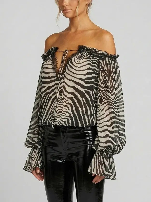 Zebra Print Off-Shoulder Crepe Blouse - Tops