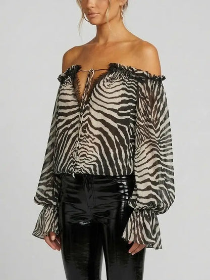 Zebra Print Off-Shoulder Crepe Blouse - Tops