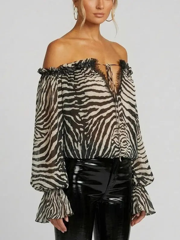 Zebra Print Off-Shoulder Crepe Blouse - Tops