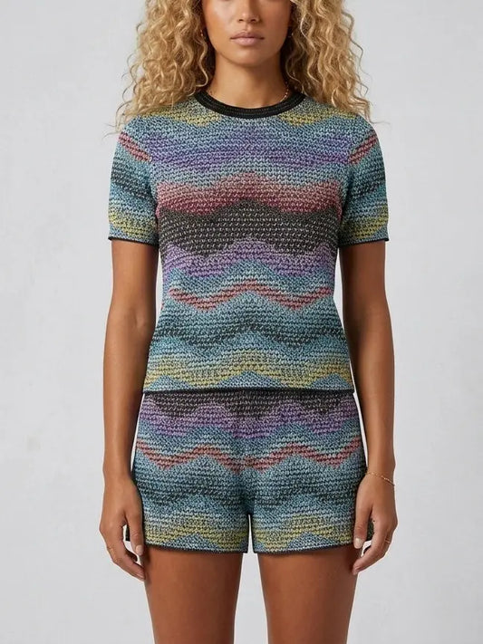 Zig Zag Knit Top and Shorts Set Multicolor - S - Suits & Sets