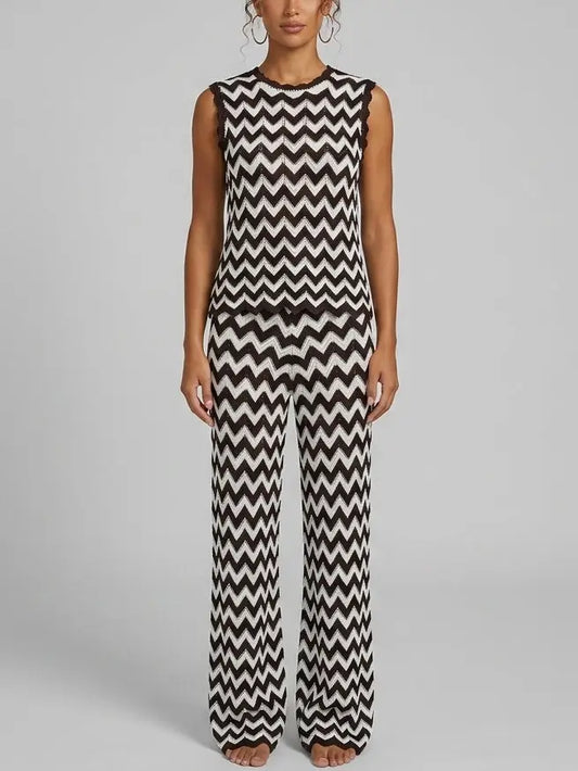 Zigzag Knit Top and Pant Set in Black and White - Small - Suits & Sets