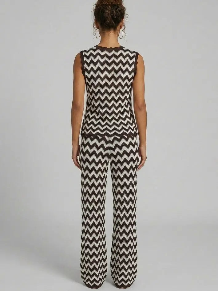 Zigzag Knit Top and Pant Set in Black and White - Suits & Sets