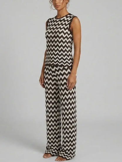 Zigzag Knit Top and Pant Set in Black and White - Suits & Sets