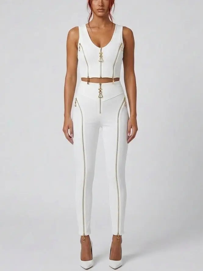 Zip-Detail Stretch Crop Top and Legging Set - Small / White - Suits & Sets
