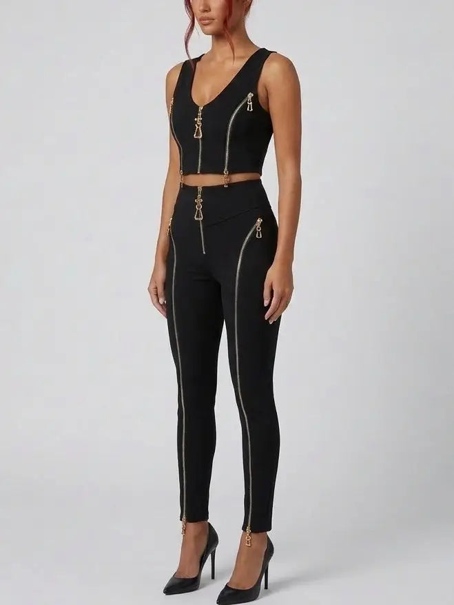 Zip-Detail Stretch Crop Top and Legging Set - Suits & Sets
