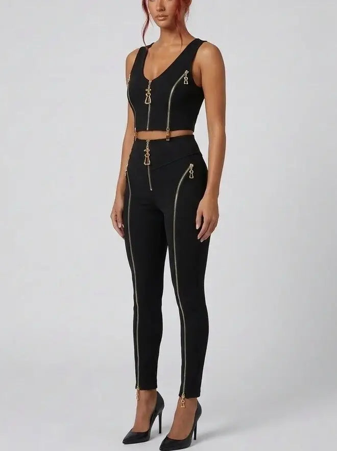Zip-Detail Stretch Crop Top and Legging Set - Suits & Sets