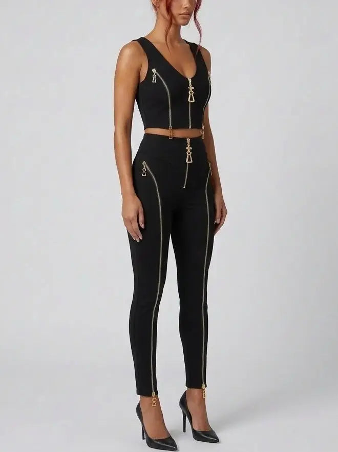 Zip-Detail Stretch Crop Top and Legging Set - Suits & Sets