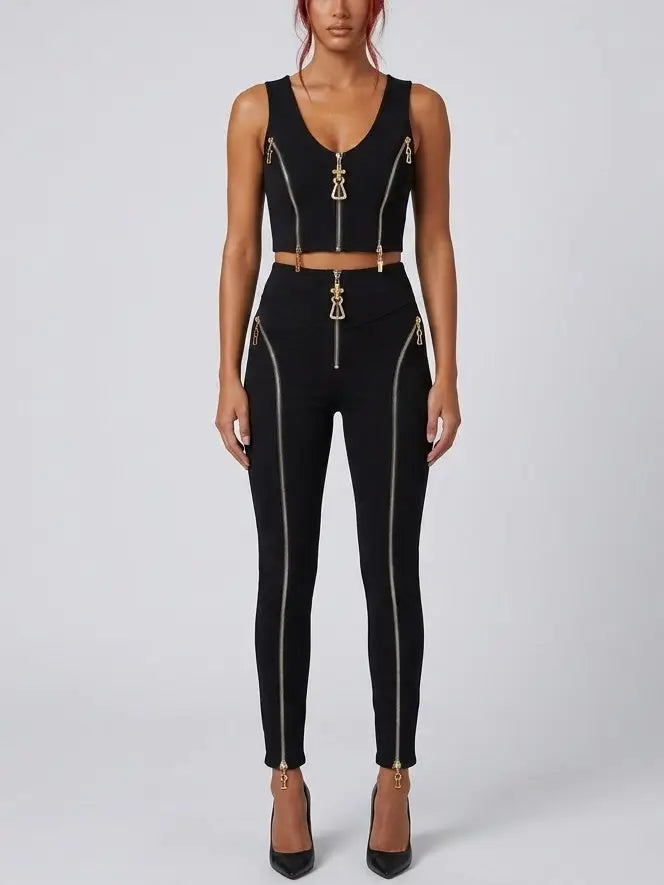 Zip-Detail Stretch Crop Top and Legging Set - Small / Black - Suits & Sets