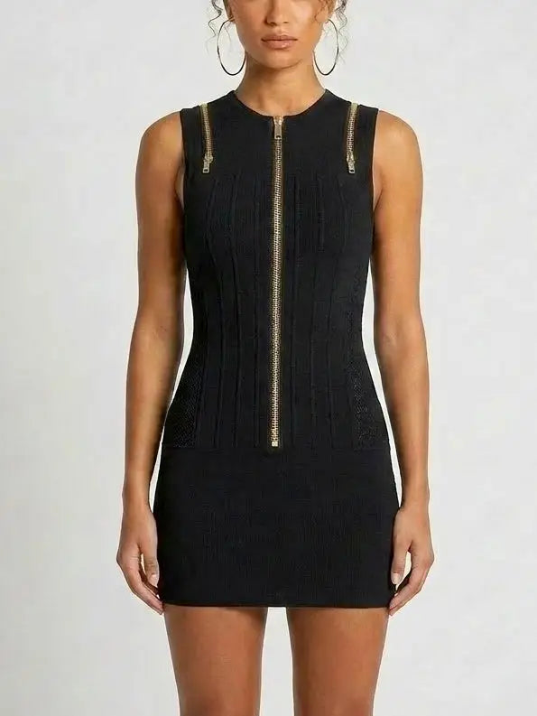 Zip-Front Panel Knit Mini Dress - Small / Black - Dresses