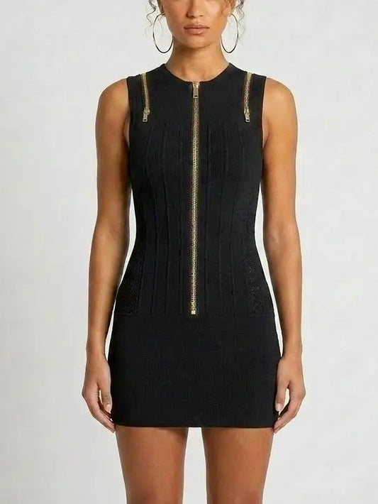 Zip-Front Panel Knit Mini Dress - Small / Black - Dresses