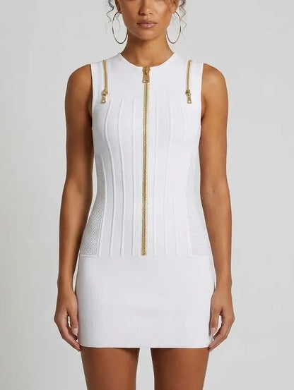 Zip-Front Panel Knit Mini Dress - Small / White - Dresses
