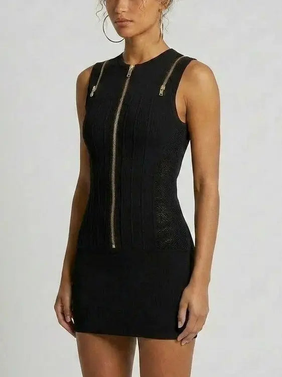Zip-Front Panel Knit Mini Dress - Dresses